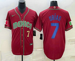 Mens Mexico Baseball #7 Julio Urias Number 2023 Red Blue World Baseball Classic Stitched Jerseys1